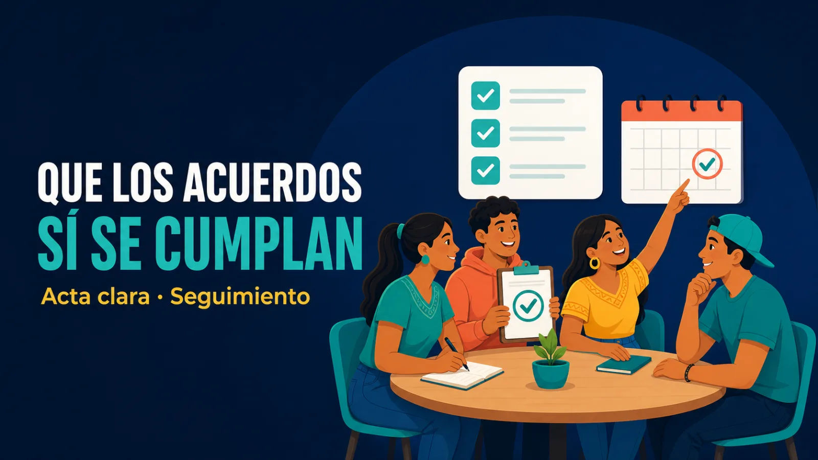 Ilustración de cuatro personas jóvenes latinoamericanas en una reunión comunitaria alrededor de una mesa; una sostiene un portapapeles con una palomita y otra señala un calendario de pared con casillas marcadas. Texto de portada: «Que los acuerdos sí se cumplan».