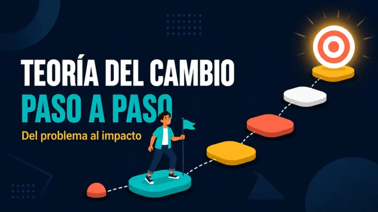 Ilustración de un sendero con cinco piedras de colores que avanza desde un punto de partida hacia un objetivo brillante, mientras una persona joven sostiene una bandera. Texto de portada: «Teoría del cambio, paso a paso».
