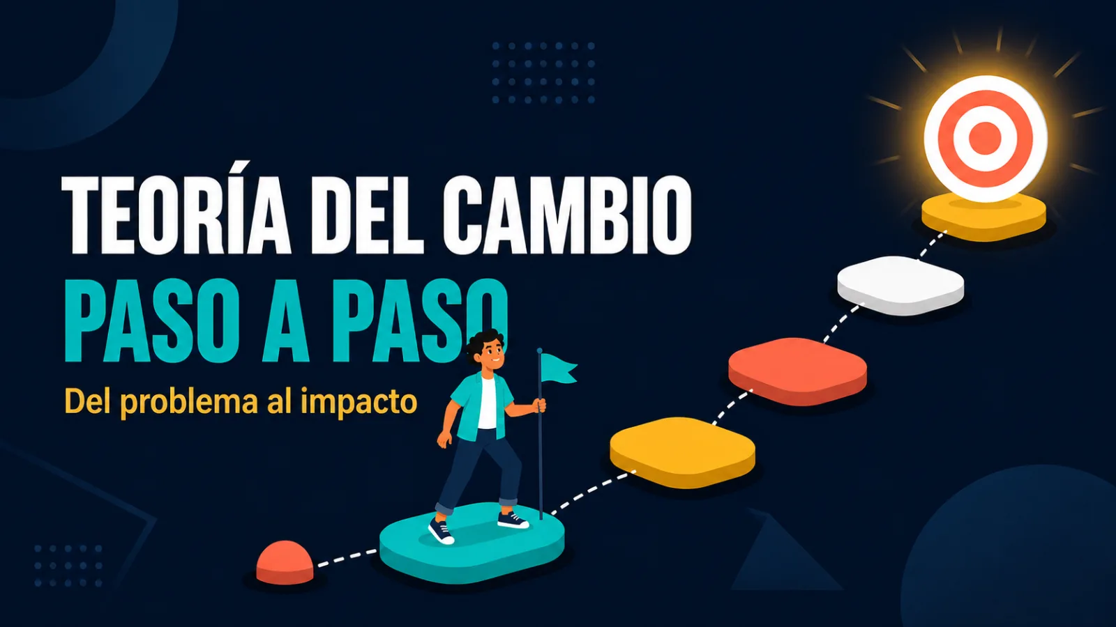 Ilustración de un sendero con cinco piedras de colores que avanza desde un punto de partida hacia un objetivo brillante, mientras una persona joven sostiene una bandera. Texto de portada: «Teoría del cambio, paso a paso».