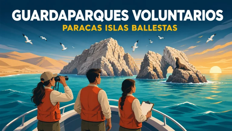 Ilustración editorial de jóvenes voluntarios en una embarcación frente a las islas Ballestas, en Paracas, al amanecer, con aves guaneras y lobos marinos.