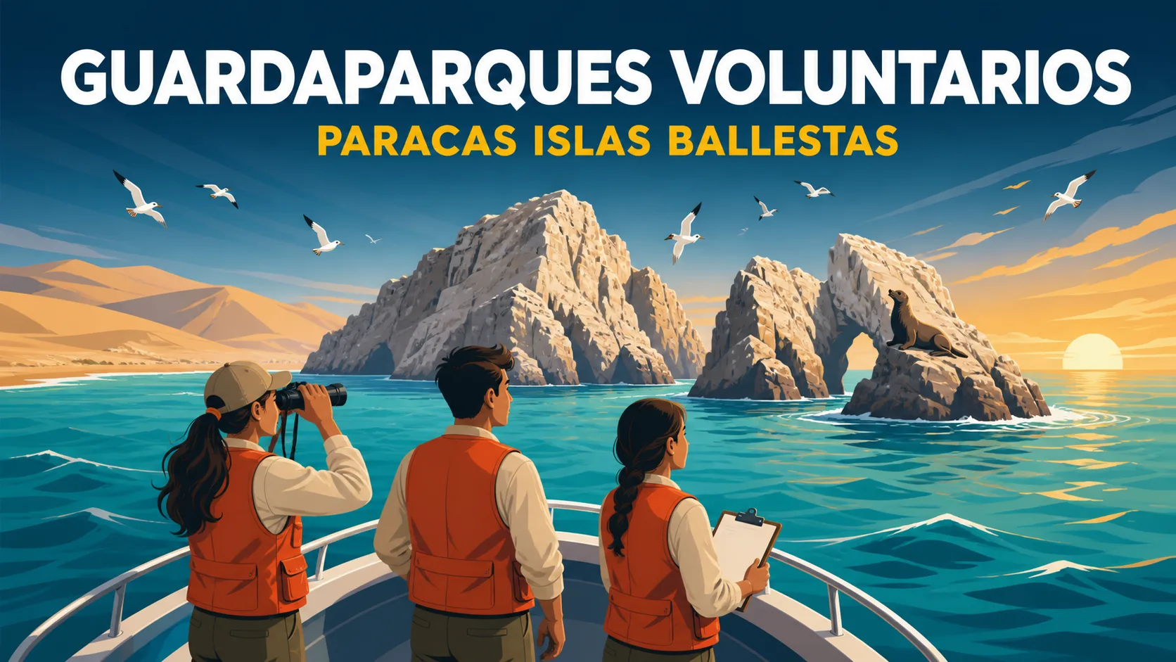 Ilustración editorial de jóvenes voluntarios en una embarcación frente a las islas Ballestas, en Paracas, al amanecer, con aves guaneras y lobos marinos.
