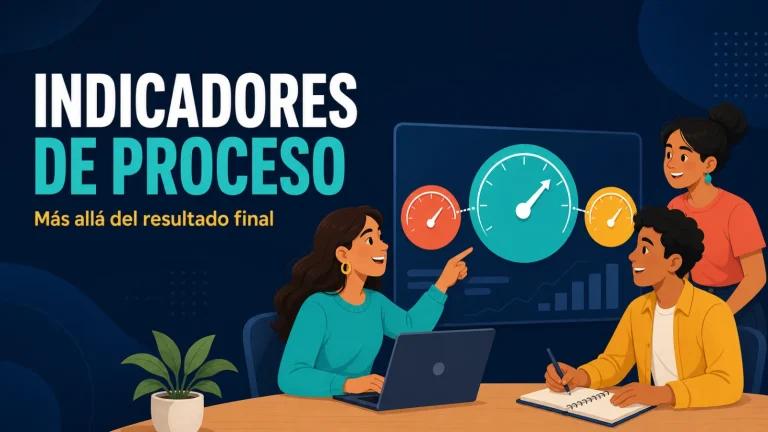 Portada del artículo sobre indicadores de proceso para proyectos sociales: tres personas colaboran frente a un tablero con diales de seguimiento.