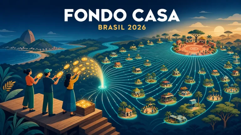 Ilustración vectorial de tres organizadores comunitarios sobre una plataforma que vierten tokens dorados en cien caminos turquesa hacia una plaza compartida, sobre fondo azul noche.