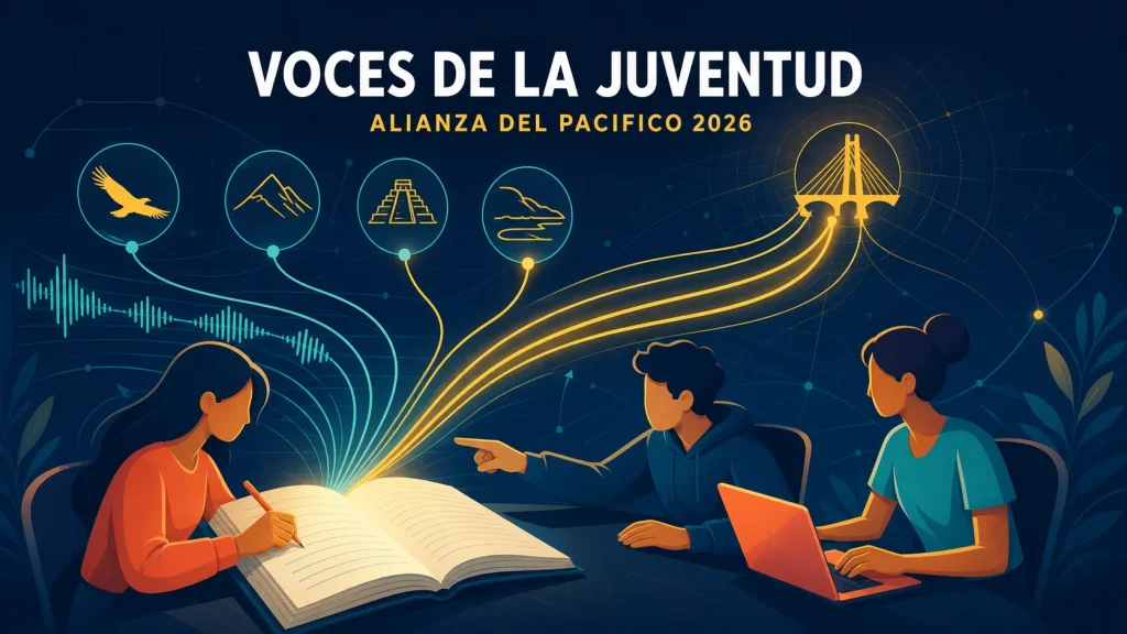 Ilustración vectorial de tres jóvenes universitarios con un cuaderno del que surgen ondas turquesa hacia un nodo compartido sobre fondo azul noche.