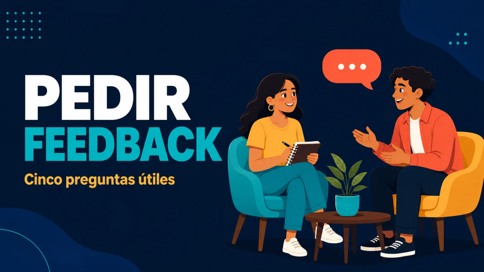 Portada del artículo sobre cómo pedir feedback al equipo: dos personas en una conversación cálida con un cuaderno.