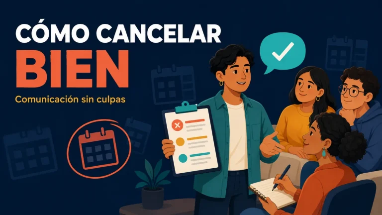 Ilustración editorial de una joven con clipboard hablando a tres personas que escuchan atentamente, con una burbuja de diálogo con check.