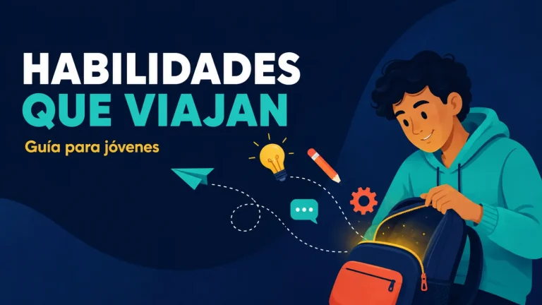 Ilustración editorial de una mochila abierta de la que salen objetos simbólicos (lápiz, foco, burbuja de diálogo, engranaje) sobre fondo azul noche.