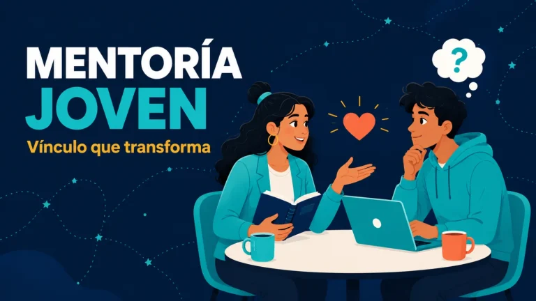 Ilustración editorial de dos jóvenes conversando junto a una mesa, uno con cuaderno y otro con laptop, con un pequeño corazón entre ellos.