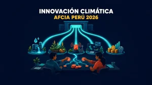 Ilustración vectorial de un gateway institucional que libera cinco corrientes turquesa hacia estaciones de agua, alimentos, alertas, información y finanzas, sobre fondo azul noche.