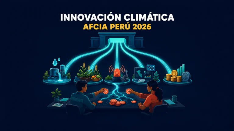 Ilustración vectorial de un gateway institucional que libera cinco corrientes turquesa hacia estaciones de agua, alimentos, alertas, información y finanzas, sobre fondo azul noche.