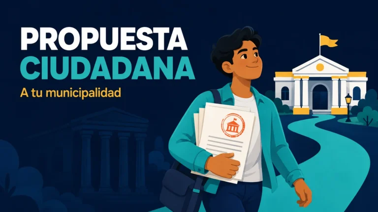 Ilustración editorial de una joven sosteniendo documentos sellados caminando hacia un edificio municipal.