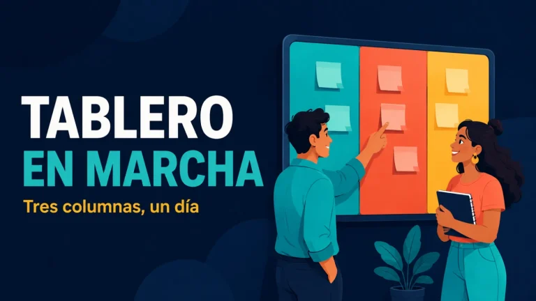 Portada editorial con dos jóvenes frente a un tablero kanban de tres columnas en tonos turquesa, coral y dorado sobre fondo azul noche.