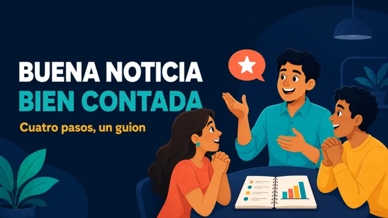 Portada editorial con tres jóvenes compartiendo una buena noticia junto a un cuaderno abierto, en tonos turquesa, coral y dorado sobre fondo azul noche.