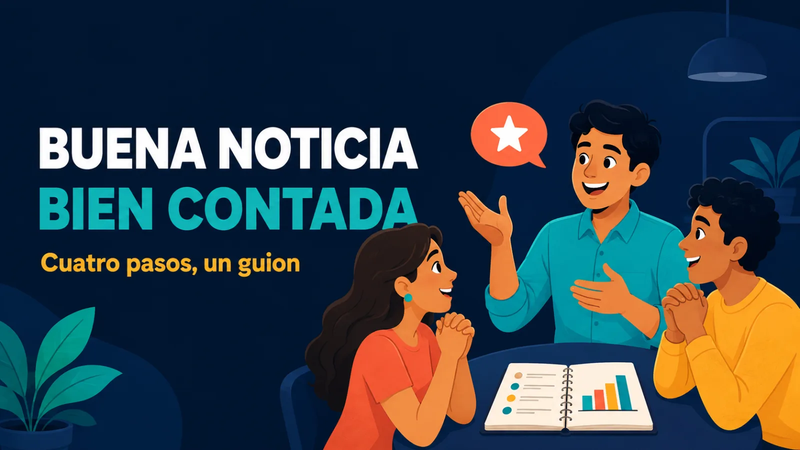 Portada editorial con tres jóvenes compartiendo una buena noticia junto a un cuaderno abierto, en tonos turquesa, coral y dorado sobre fondo azul noche.
