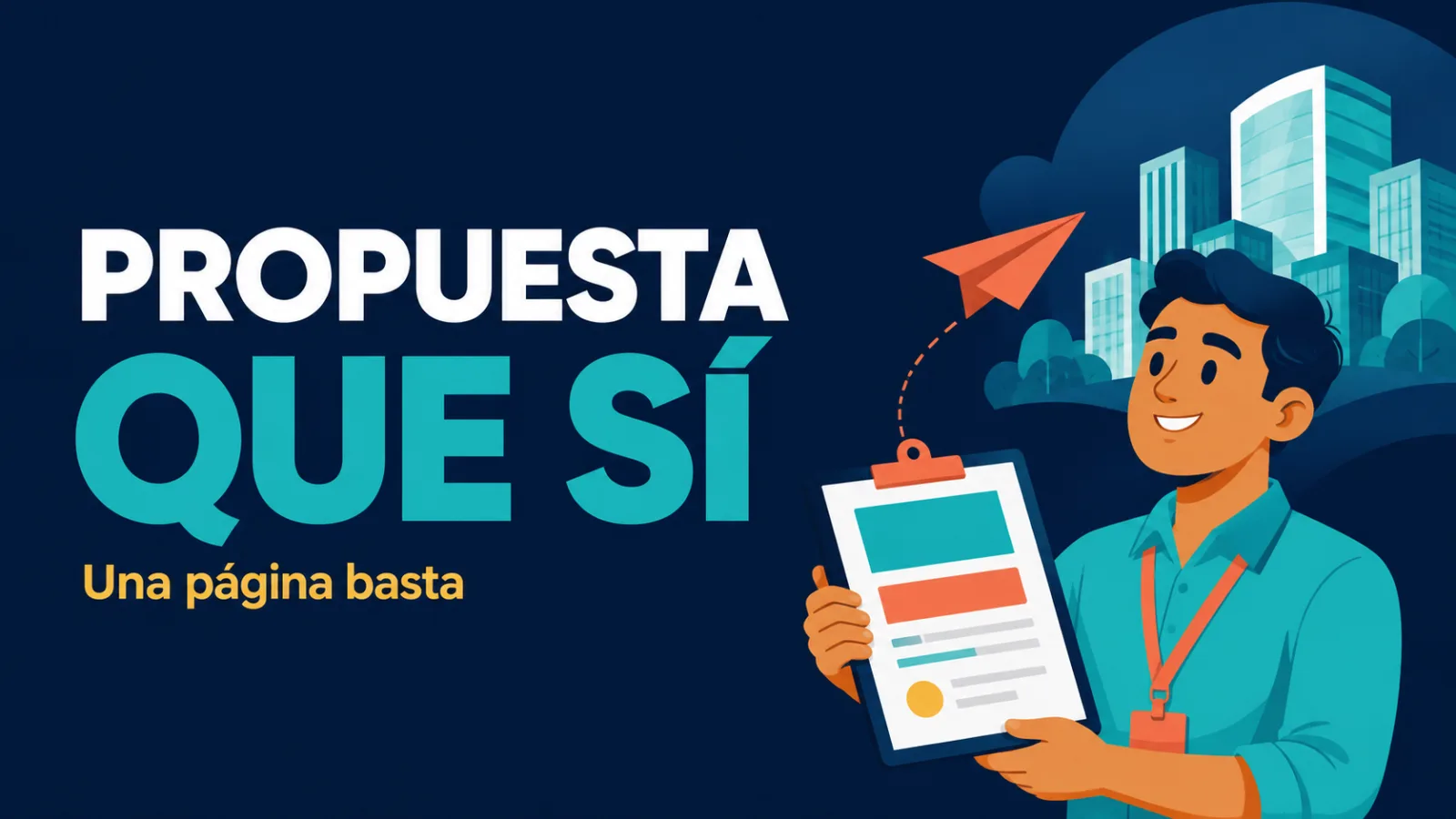 Portada editorial con una joven sosteniendo una propuesta ante un edificio corporativo de fondo, en tonos turquesa y coral.
