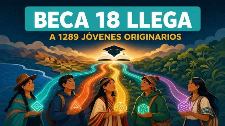 Ilustración editorial: caminos de luz convergentes desde territorios diversos hacia un destino académico común, con cinco jóvenes estilizados sosteniendo fichas geométricas.