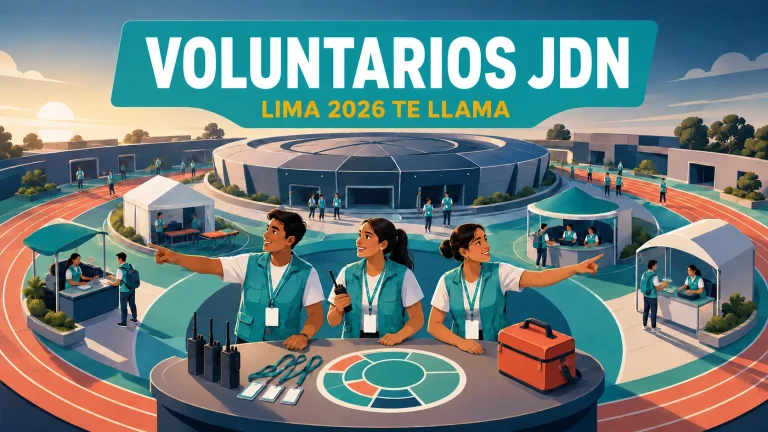 Ilustración editorial: vista aérea tres cuartos de un estadio estilizado con un centro de voluntariado donde tres jóvenes planifican sobre una mesa con credenciales y equipos médicos.