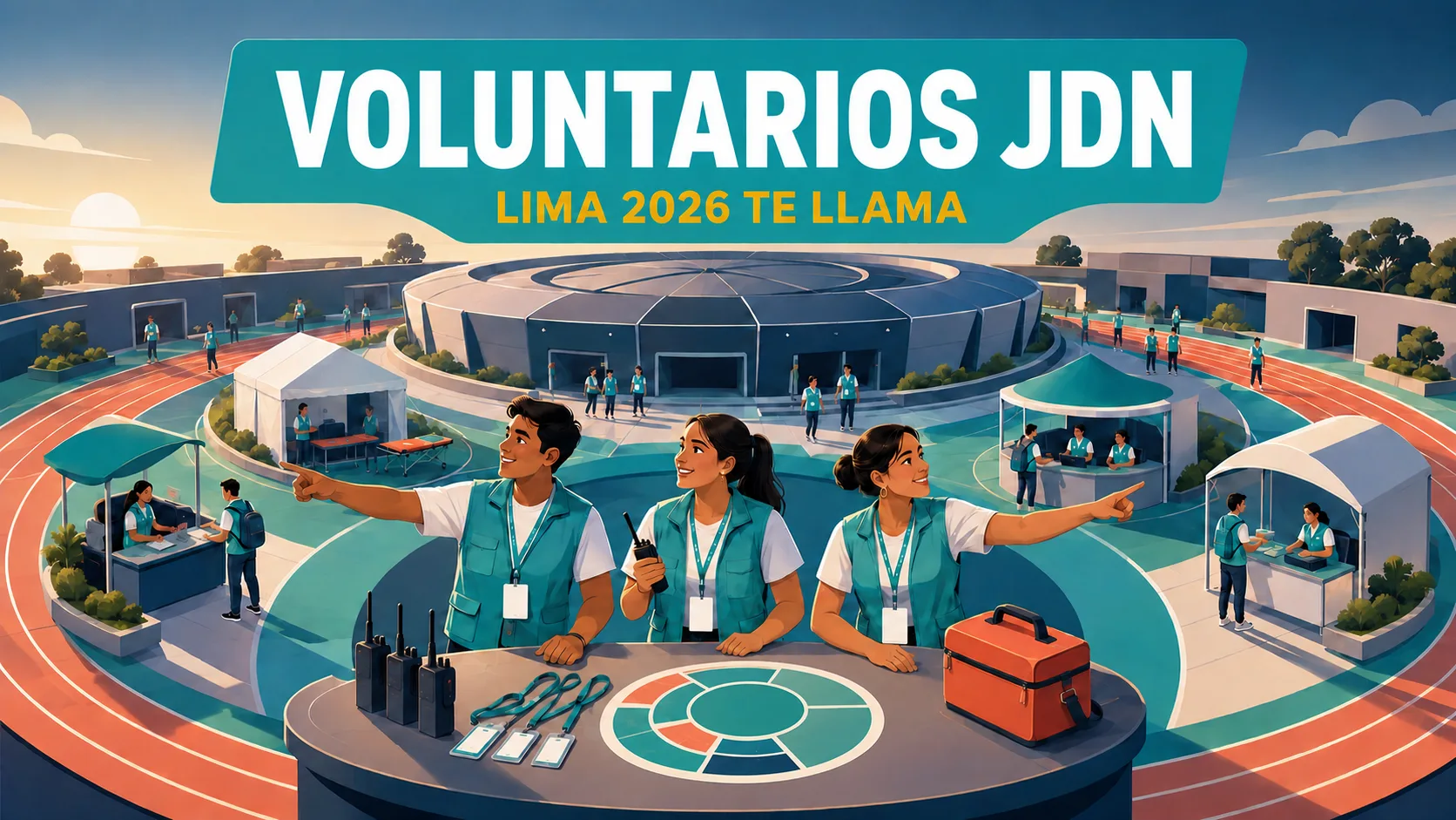 Ilustración editorial: vista aérea tres cuartos de un estadio estilizado con un centro de voluntariado donde tres jóvenes planifican sobre una mesa con credenciales y equipos médicos.